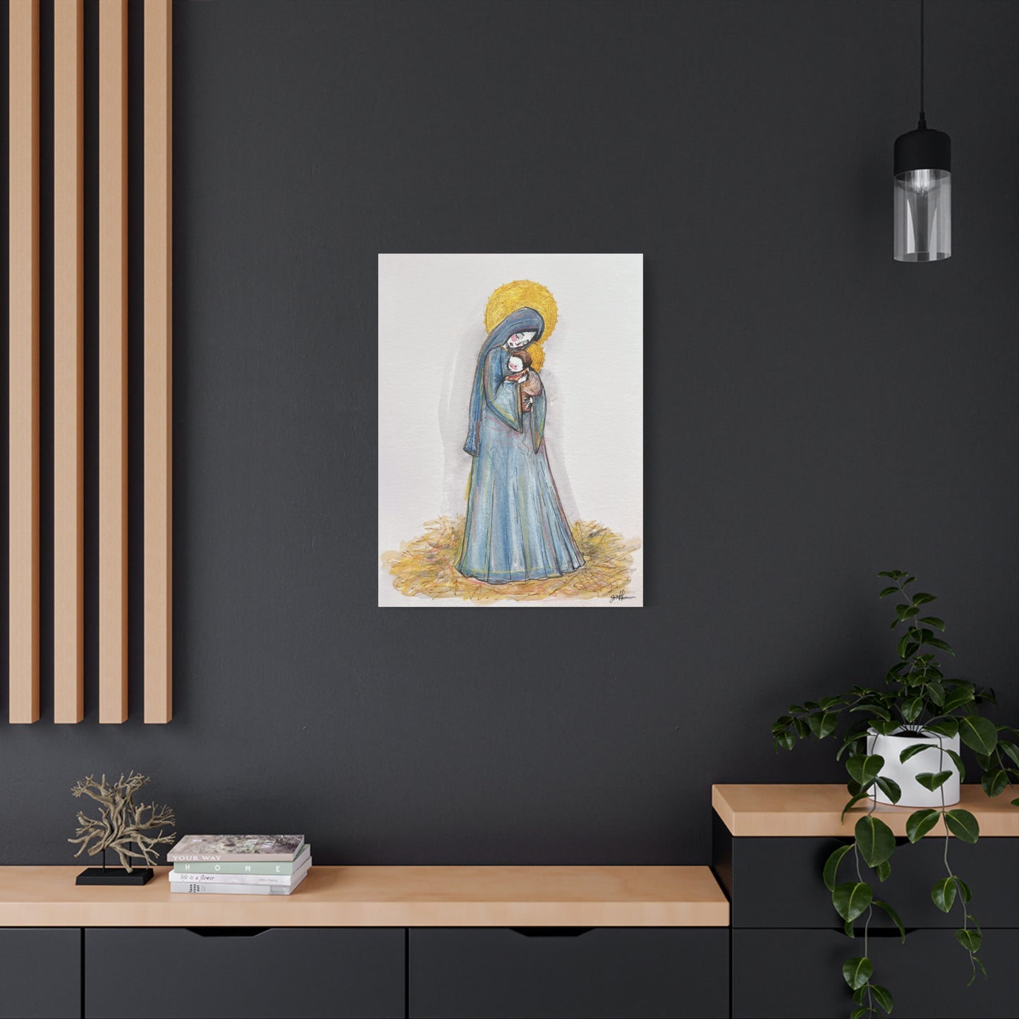 Our Lady of the Manger - Mother Mary Art - Catholic Canvas Print | Virgin Mary Sacred Art | Hand-Drawn Watercolor Christian Wall Art