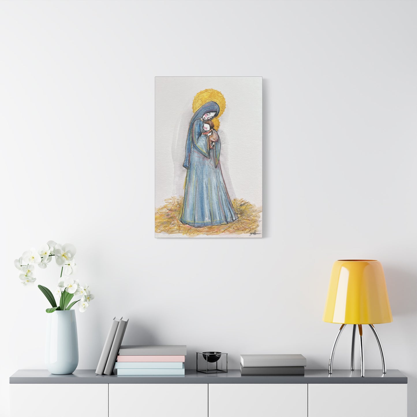 Our Lady of the Manger - Mother Mary Art - Catholic Canvas Print | Virgin Mary Sacred Art | Hand-Drawn Watercolor Christian Wall Art