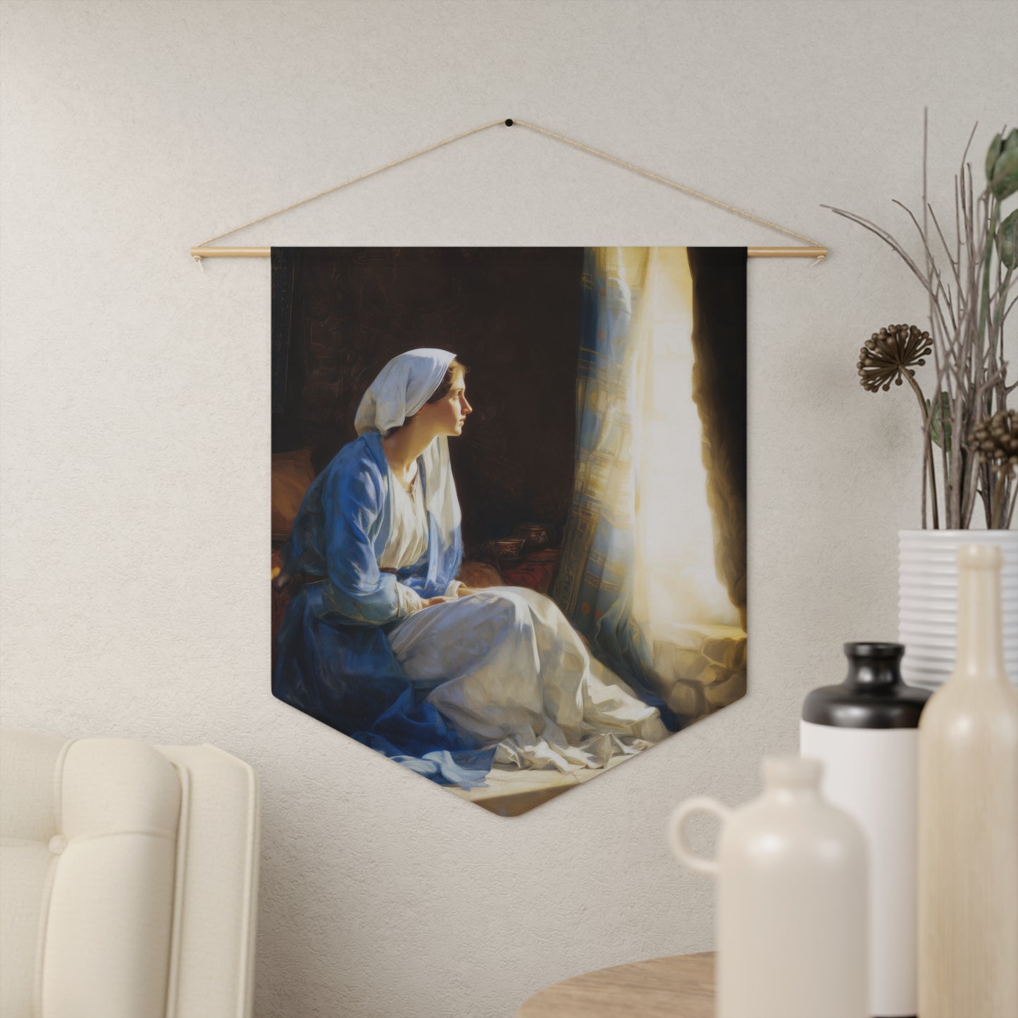 Mary's Yes - Quiet Fiat - Mother Mary - Marian Art - Pennant / Banner / Wall Hanging - Catholic Art - Large - 18" x 21"