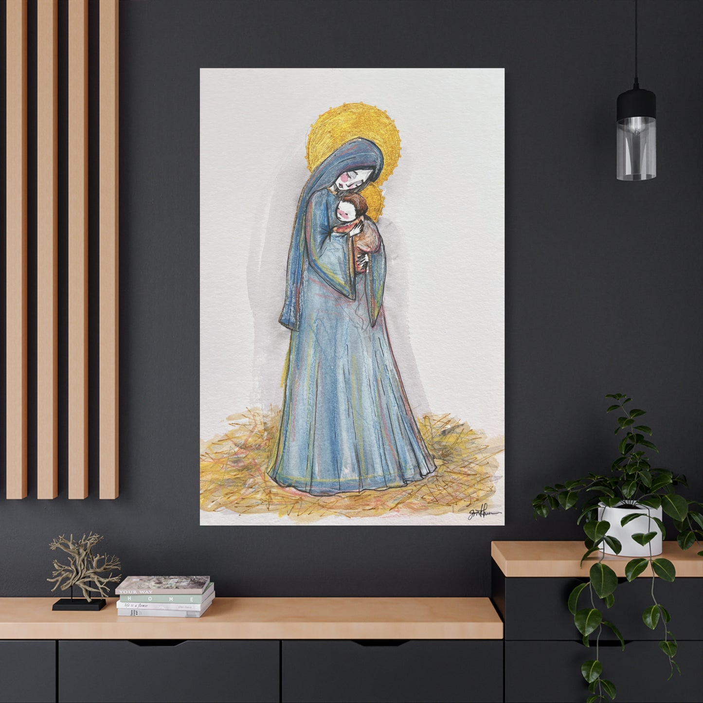 Our Lady of the Manger - Mother Mary Art - Catholic Canvas Print | Virgin Mary Sacred Art | Hand-Drawn Watercolor Christian Wall Art