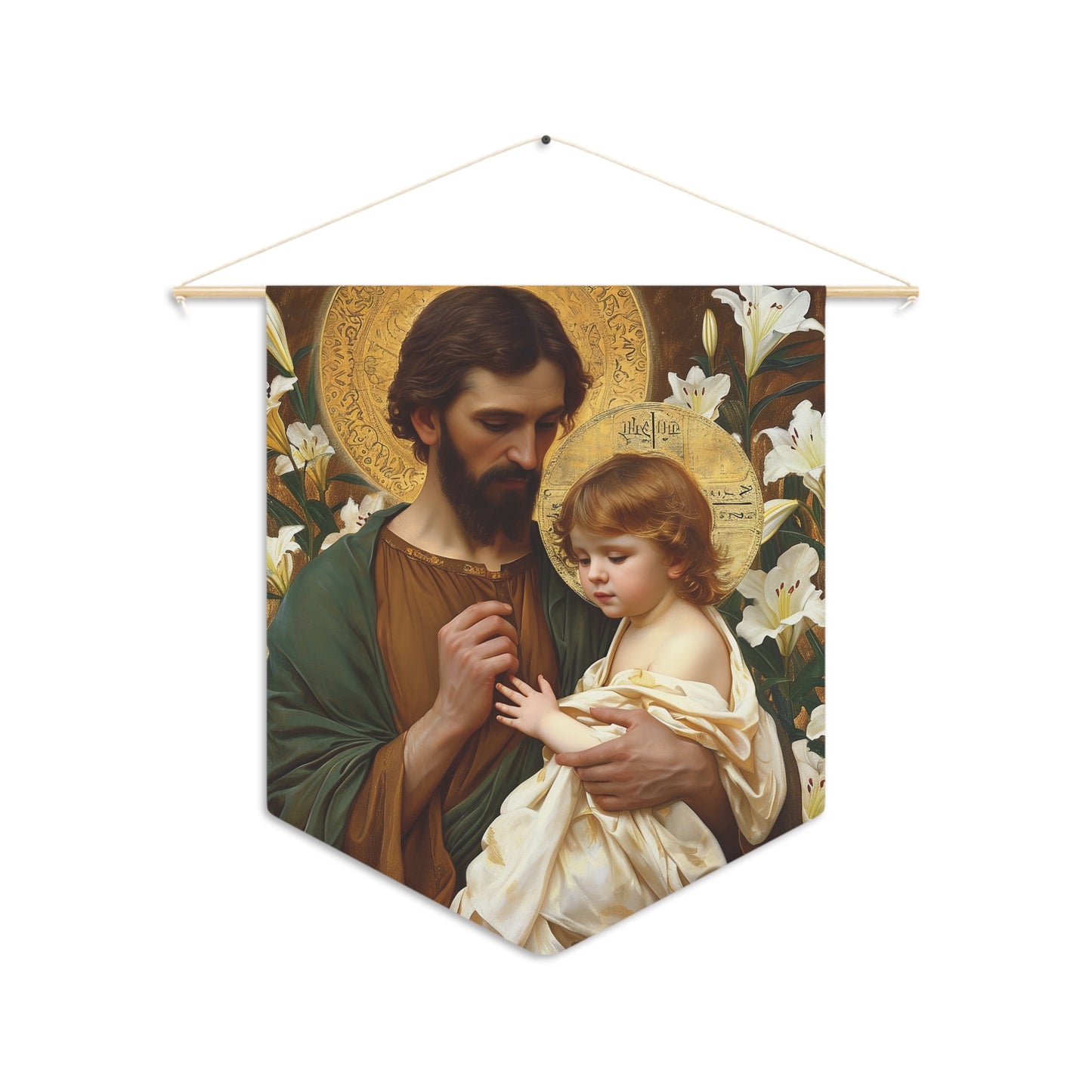 Saint Joseph and the Christ Child Pennant / Banner / Wall Hanging - Prayer room art - Catholic Home - Saint Art for your home - 18" x 21"