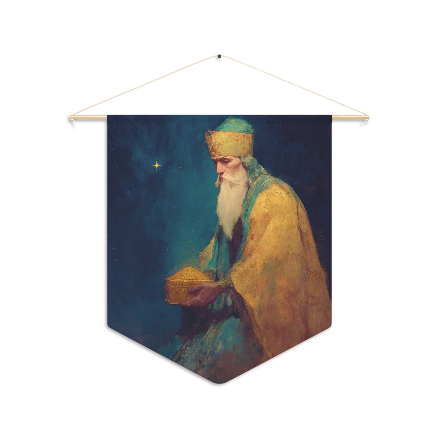 Caspar and the Offering of Worship - 3 Wise Men - Pennant / Banner / Wall Hanging - Prayer room - Catholic Art - Large - 18" x 21"