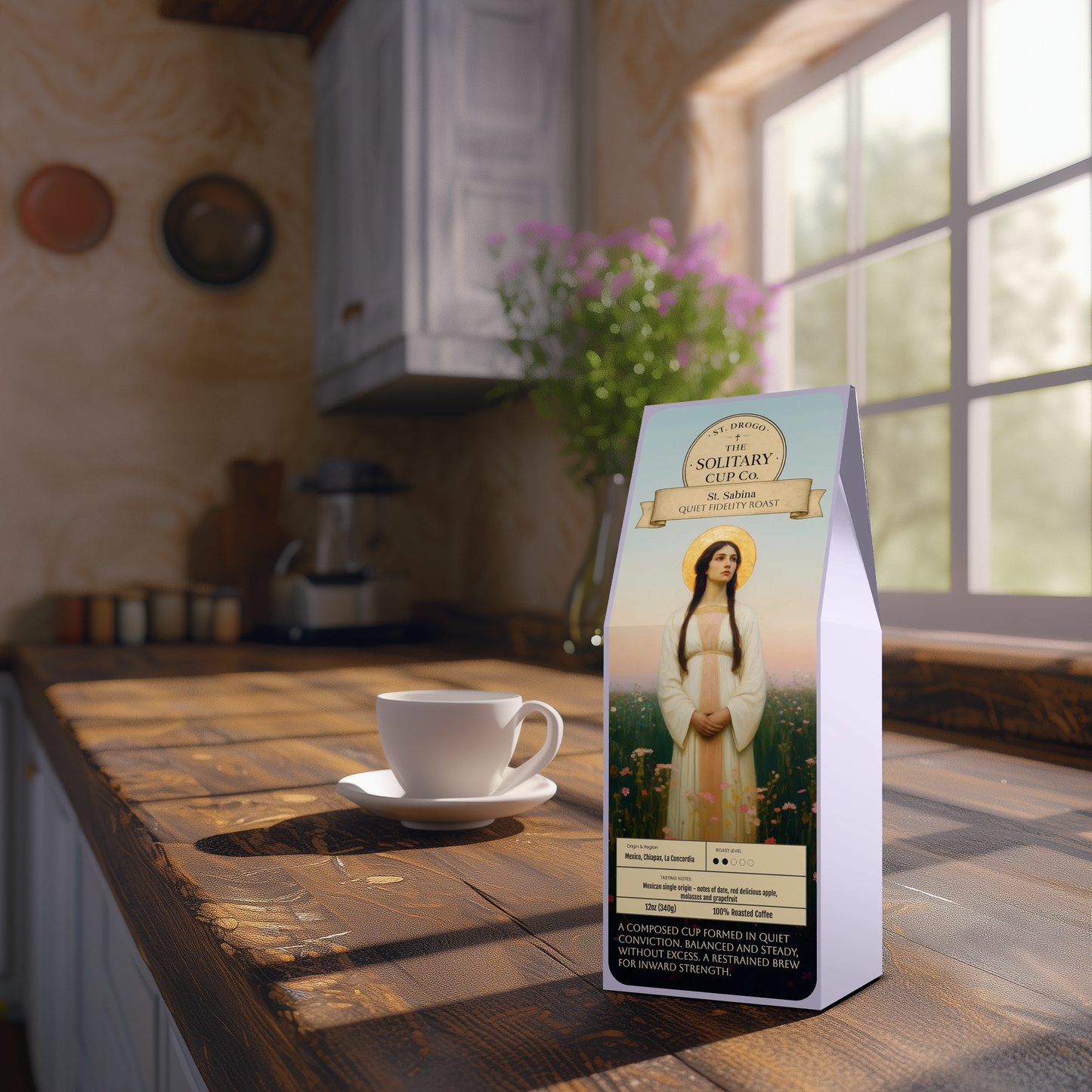 St. Sabina - Quiet Fidelity Roast (Single Origin Light-Medium Roast) - St. Drogo - The Solitary Cup Co. - Artisan Catholic Saint Inspired Coffee - 12 oz.