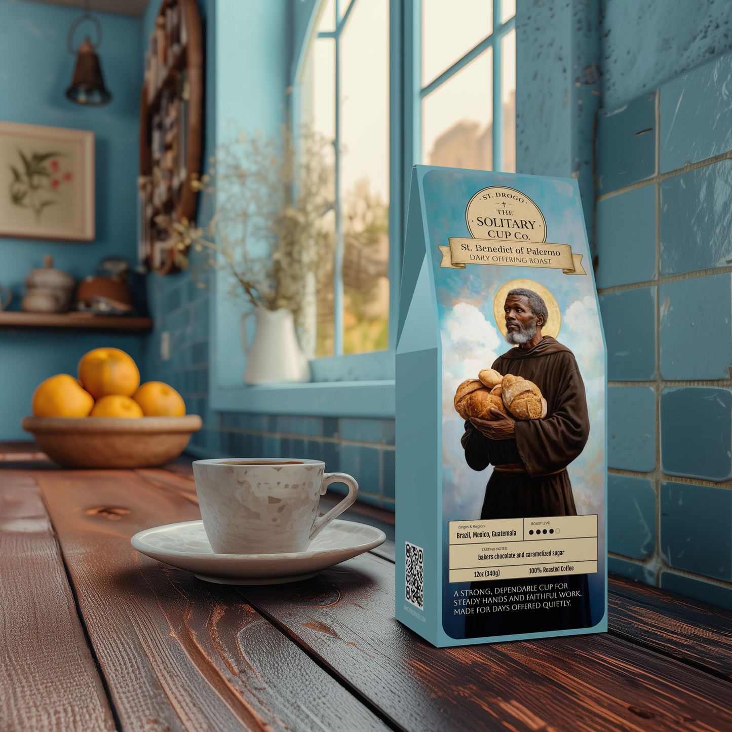 St. Benedict of Palermo - Daily Offering Roast (Medium-Dark Roast) - St. Drogo - The Solitary Cup Co. - Artisan Catholic Saint Inspired Coffee - 12 oz.
