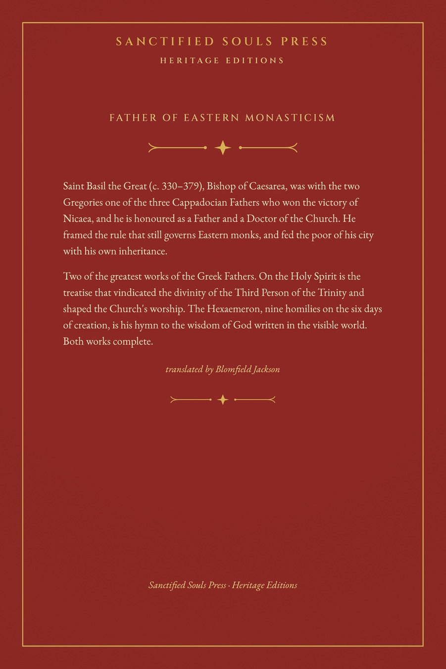 On the Holy Spirit and The Hexaemeron by Saint Basil the Great, back cover