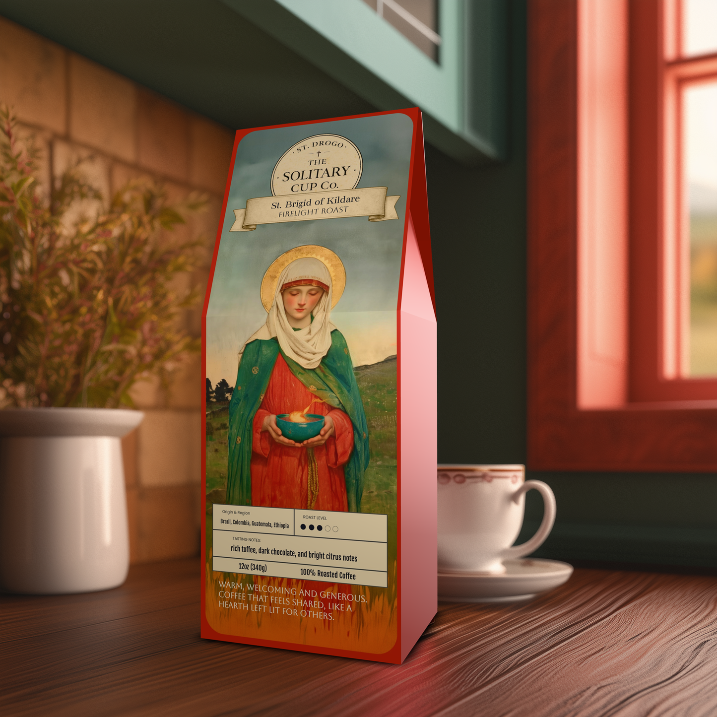 St. Brigid of Kildare - Firelight Roast (Medium Roast) - St. Drogo - The Solitary Cup Co. - Artisan Catholic Saint Inspired Coffee - 12 oz.