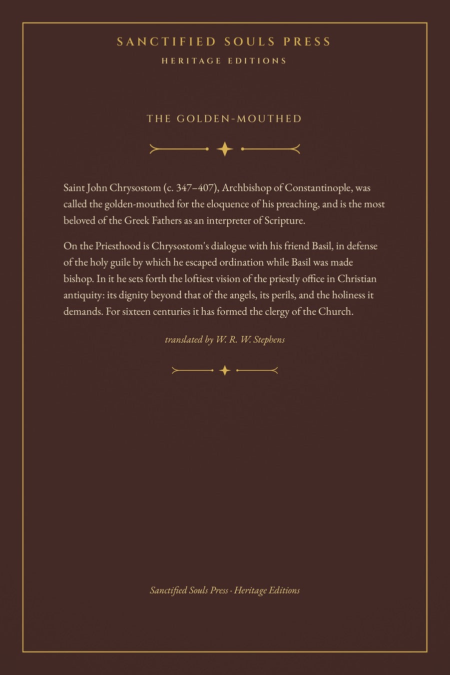 On the Priesthood by Saint John Chrysostom, back cover
