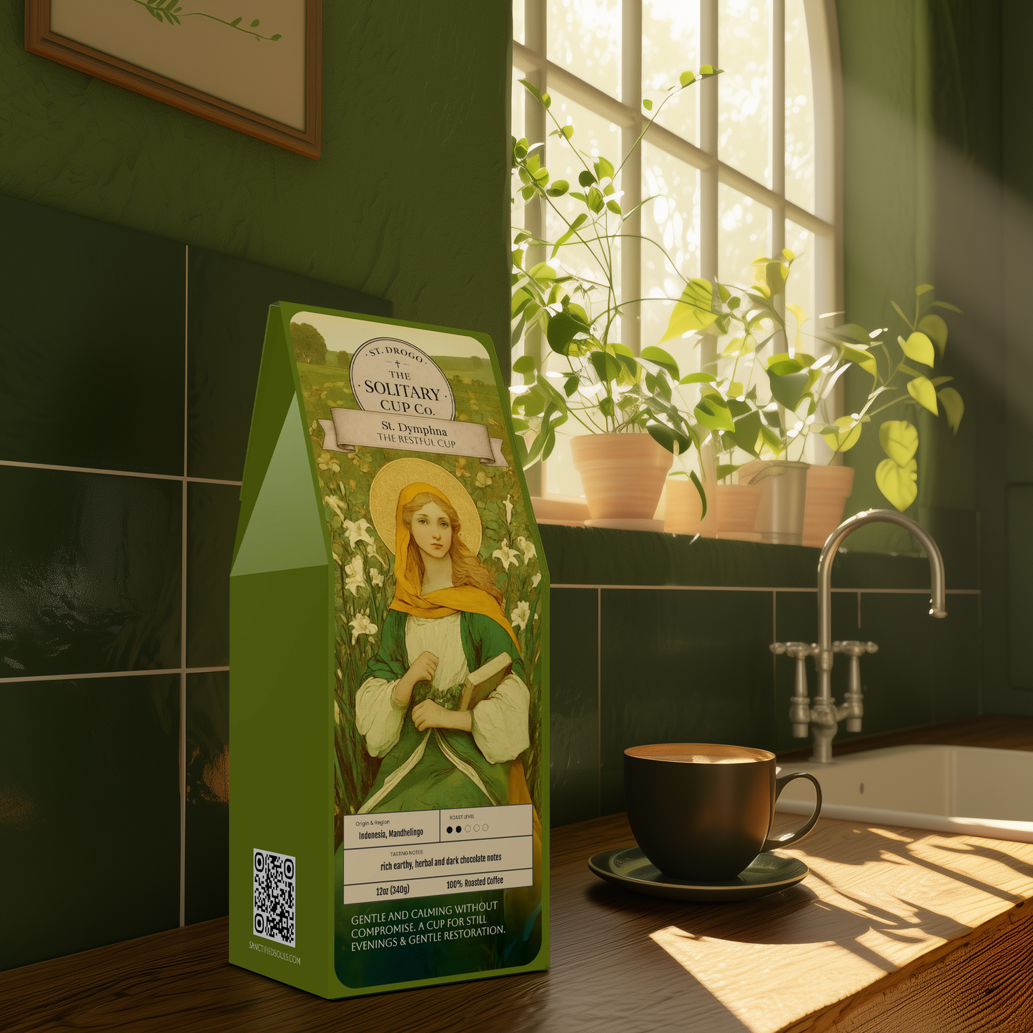 St. Dymphna - The Restful Cup (DECAF Medium Roast) - St. Drogo - The Solitary Cup Co. - Artisan Catholic Saint Inspired Coffee - 12 oz.