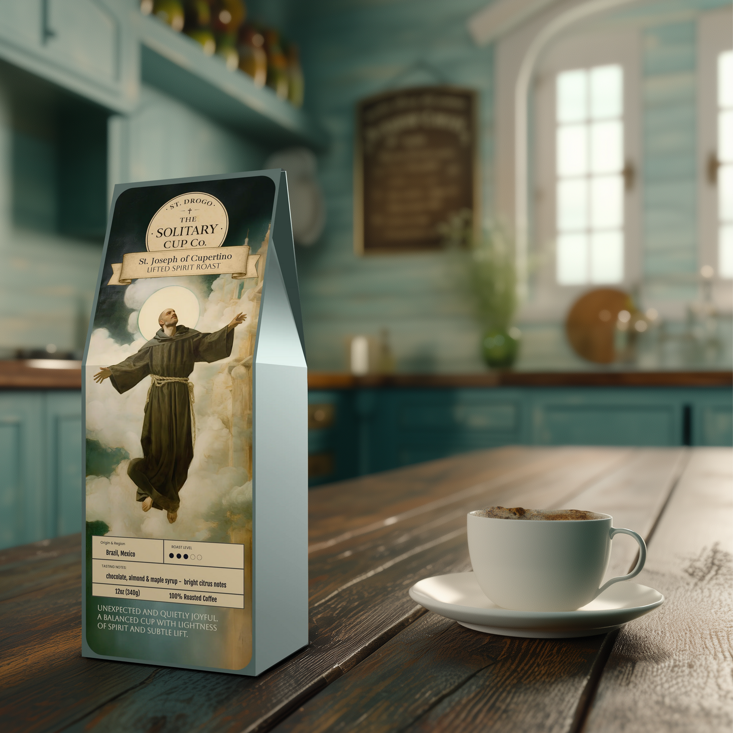 St. Joseph of Cupertino - Lifted Spirit Roast (Medium Roast) - St. Drogo - The Solitary Cup Co. - Artisan Catholic Saint Inspired Coffee - 12 oz.