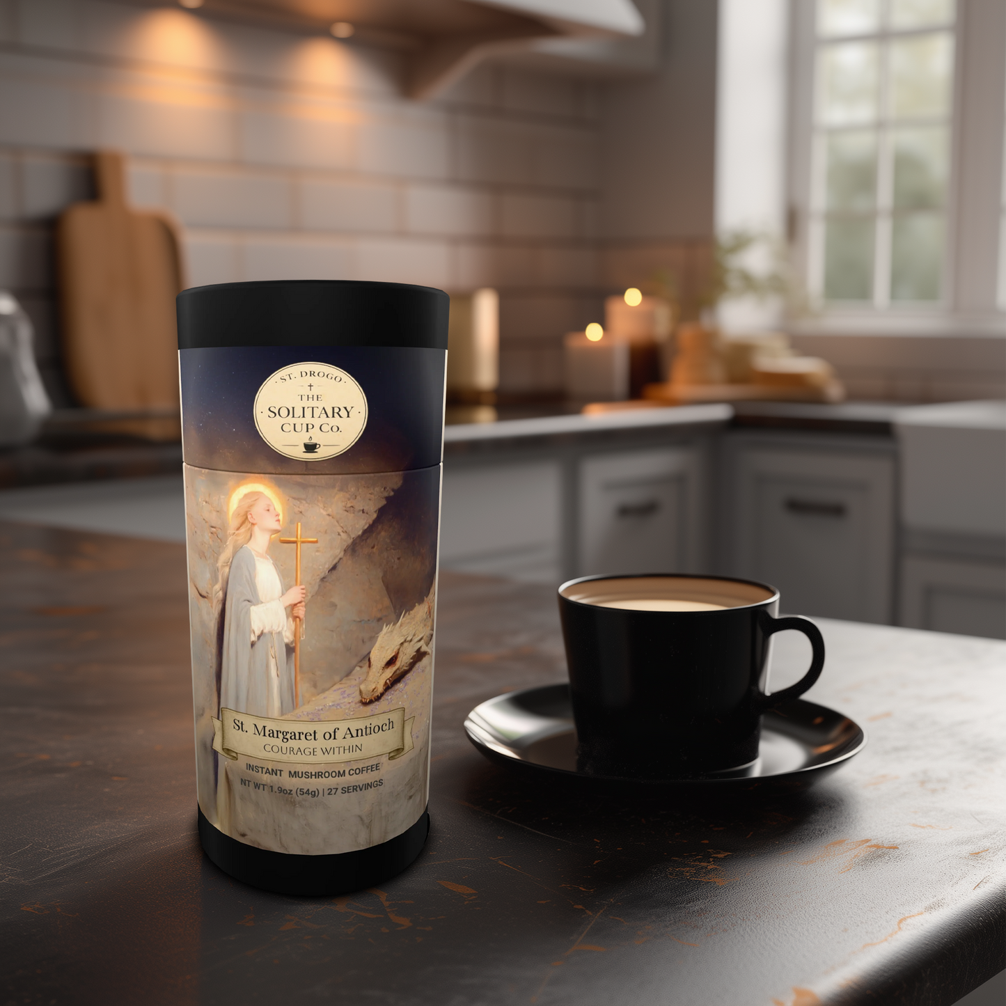 St. Margaret of Antioch - Courage Within (Instant Mushroom Coffee - Medium Roast) - St. Drogo - The Solitary Cup Co. - Artisan Catholic Saint Inspired Coffee - Instant coffee (freeze-dried) - NT WT 1.9oz (54g) - 27 SERVINGS