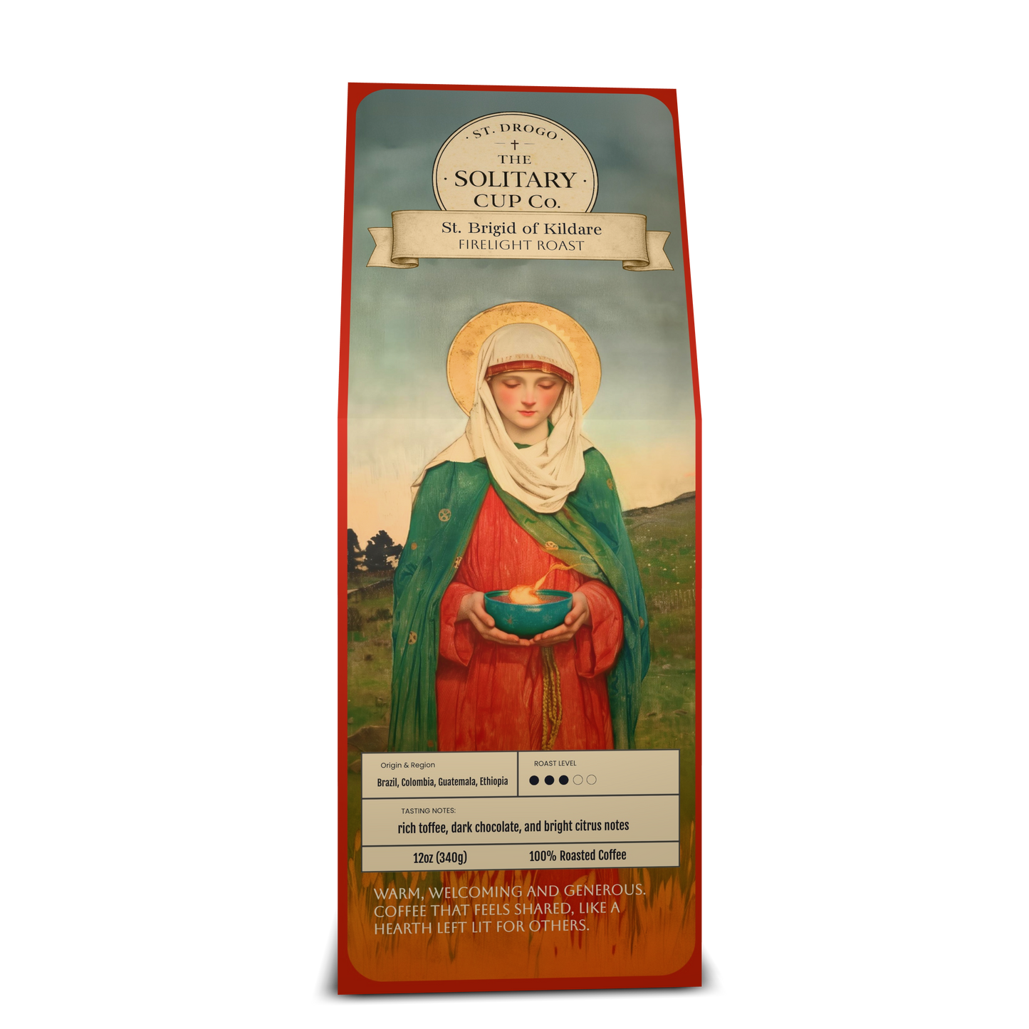 St. Brigid of Kildare - Firelight Roast (Medium Roast) - St. Drogo - The Solitary Cup Co. - Artisan Catholic Saint Inspired Coffee - 12 oz.