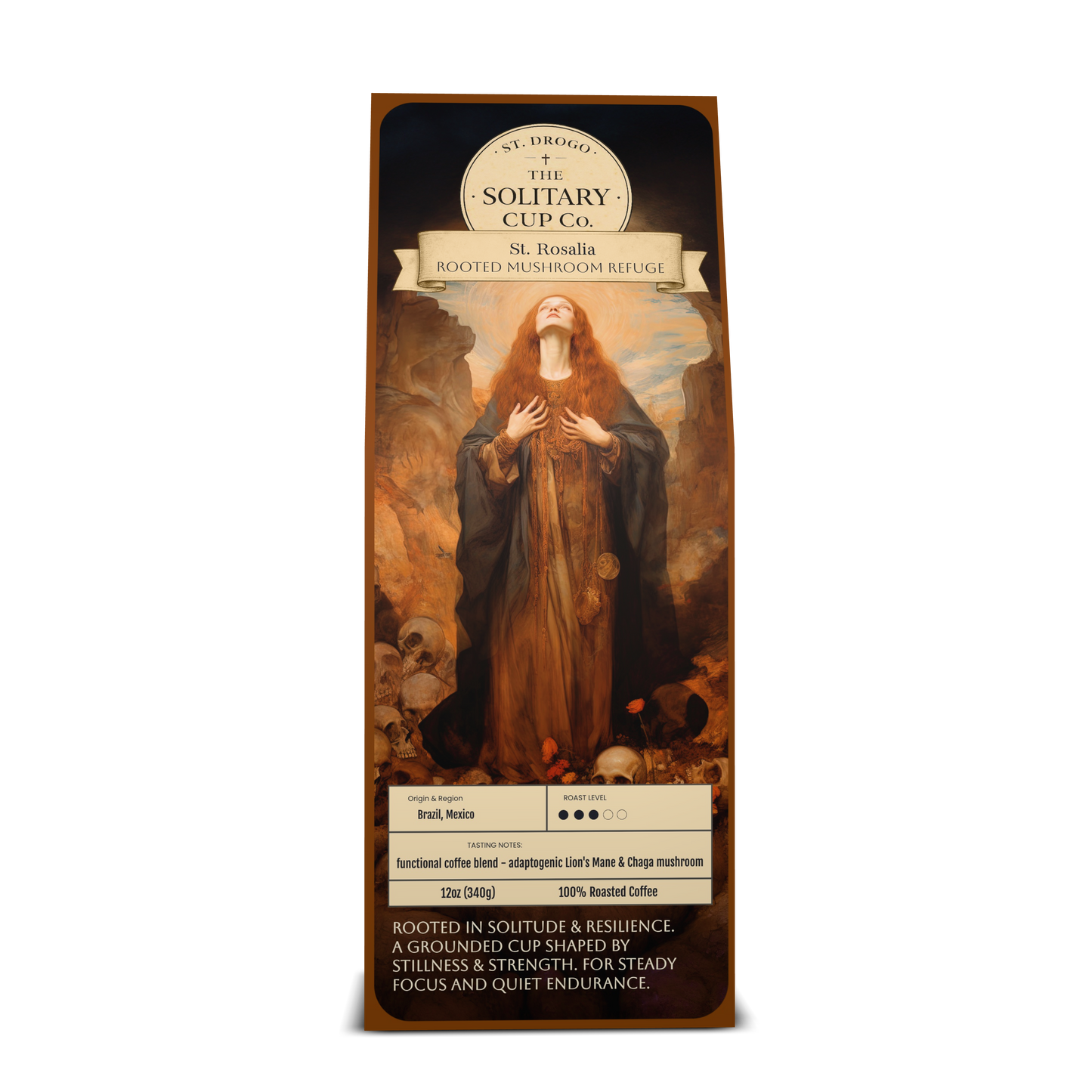 St. Rosalia - Rooted Mushroom Refuge (Functional Mushroom Blended - Medium Roast) - St. Drogo - The Solitary Cup Co. - Artisan Catholic Saint Inspired Coffee - 12 oz.
