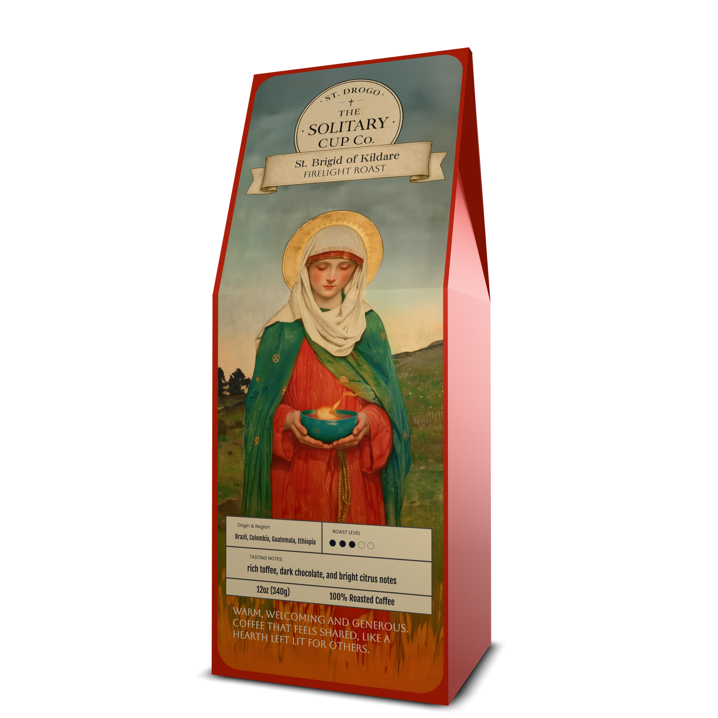 St. Brigid of Kildare - Firelight Roast (Medium Roast) - St. Drogo - The Solitary Cup Co. - Artisan Catholic Saint Inspired Coffee - 12 oz.