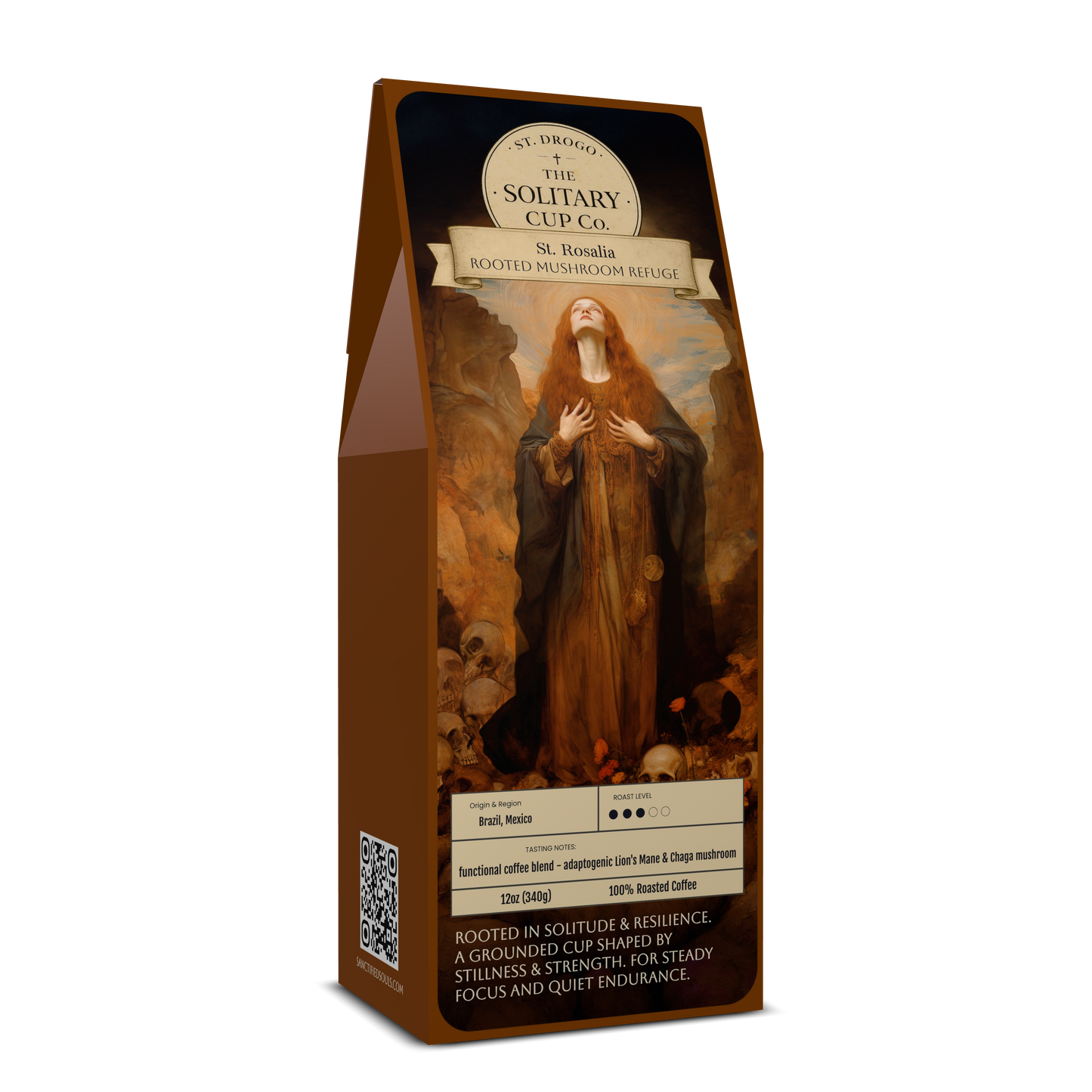 St. Rosalia - Rooted Mushroom Refuge (Functional Mushroom Blended - Medium Roast) - St. Drogo - The Solitary Cup Co. - Artisan Catholic Saint Inspired Coffee - 12 oz.