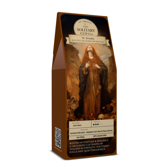 St. Rosalia - Rooted Mushroom Refuge (Functional Mushroom Blended - Medium Roast) - St. Drogo - The Solitary Cup Co. - Artisan Catholic Saint Inspired Coffee - 12 oz.