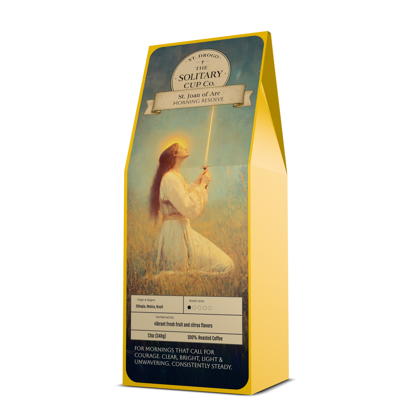 St. Joan of Arc - Morning Resolve (Light Roast) - St. Drogo - The Solitary Cup Co. - Artisan Catholic Saint Inspired Coffee - 12 oz.