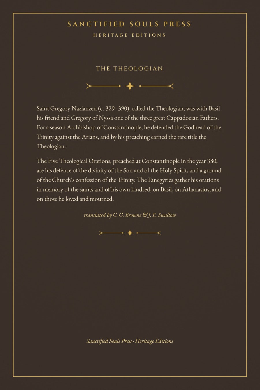 The Five Theological Orations and The Panegyrics by Saint Gregory Nazianzen, back cover