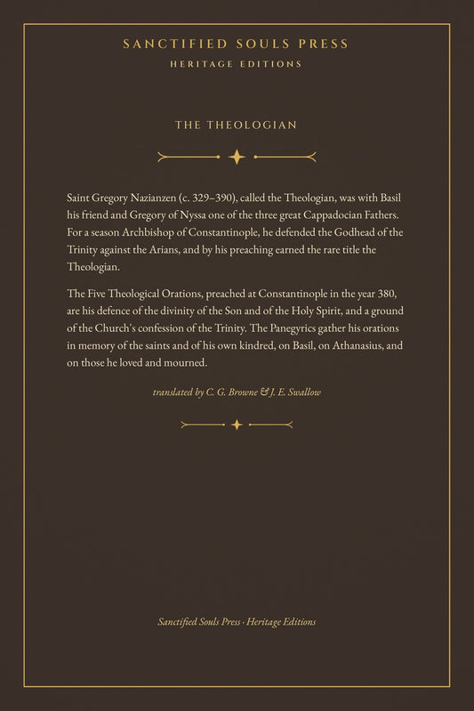 The Five Theological Orations and The Panegyrics by Saint Gregory Nazianzen, back cover